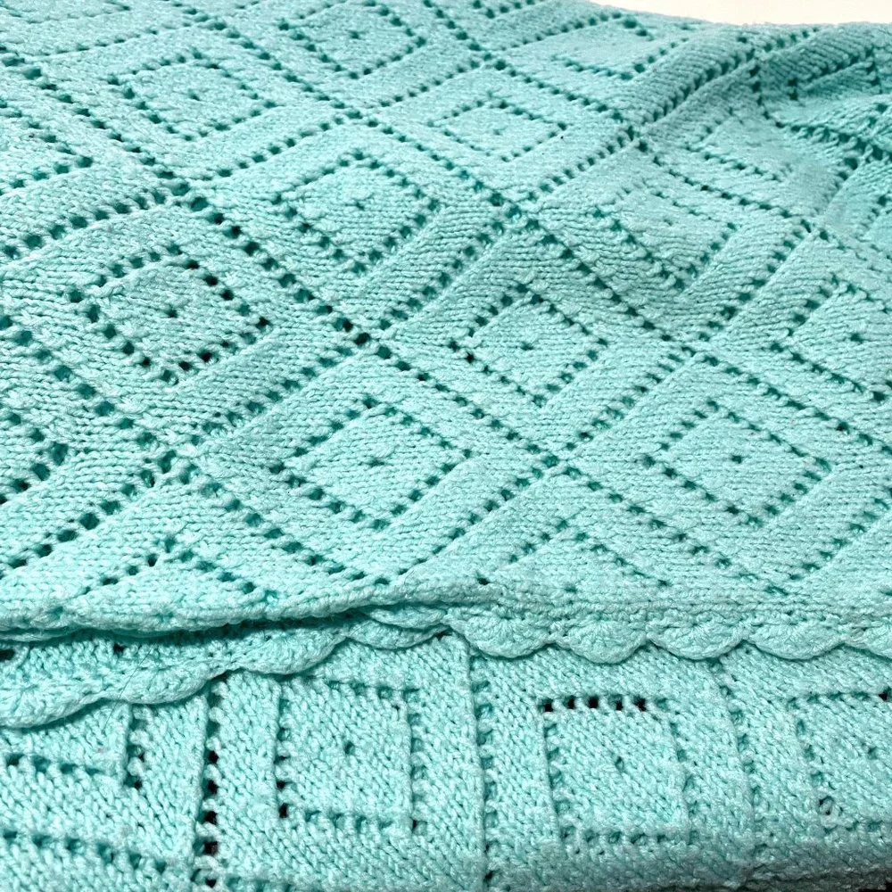 Handmade Baby Blanket Crocheted Throw Blue Mint Diamond Pattern Lightweight